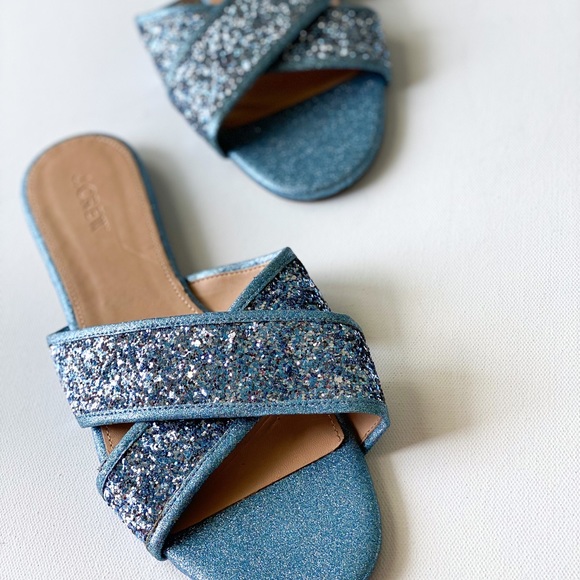 NWT, J Crew Blue Glitter Cora Crisscross Sandals, Size 10.5 - Picture 5 of 9